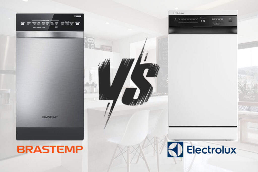 Comparativo entre lava-louças Brastemp e Electrolux, exibindo os dois modelos lado a lado em um ambiente de cozinha, destacando as diferenças de design e painéis de controle.