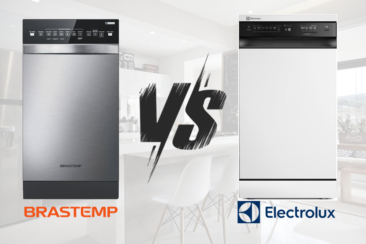 Comparativo entre lava-louças Brastemp e Electrolux, exibindo os dois modelos lado a lado em um ambiente de cozinha, destacando as diferenças de design e painéis de controle.