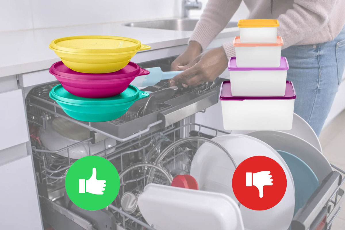Banner informativo com o título "Pode colocar Tupperware na lava-louças? O que pode e não pode", mostrando diferentes modelos de potes plásticos coloridos sendo organizados dentro de uma máquina de lavar louças doméstica.