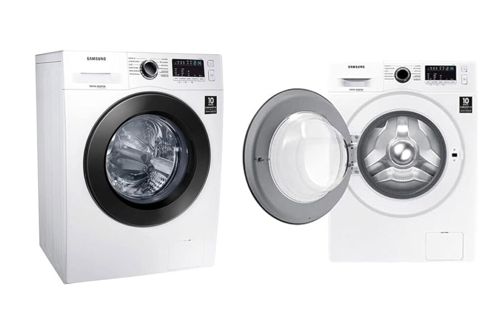 Lavadora de roupas Samsung WW4000 em aço inox, destacando o design de abertura frontal (Front Load), o painel digital e o tambor de inox, instalada em uma área de serviço residencial moderna.