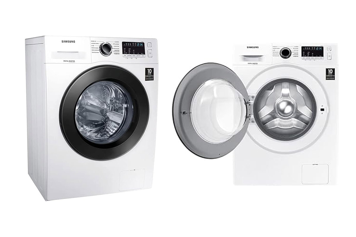 Lavadora de roupas Samsung WW4000 em aço inox, destacando o design de abertura frontal (Front Load), o painel digital e o tambor de inox, instalada em uma área de serviço residencial moderna.