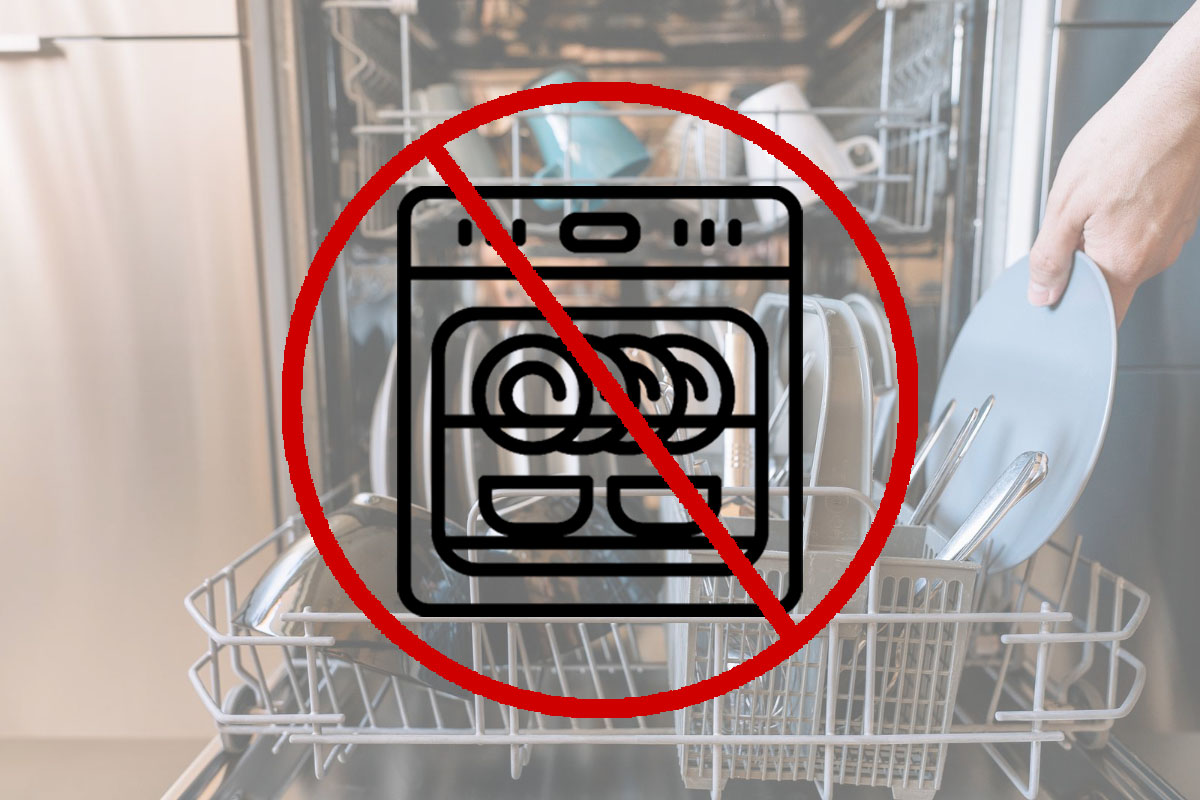 Infográfico explicativo sobre cuidados com utensílios domésticos, detalhando materiais sensíveis ao calor e aos detergentes abrasivos das máquinas de lavar louça automáticas.
