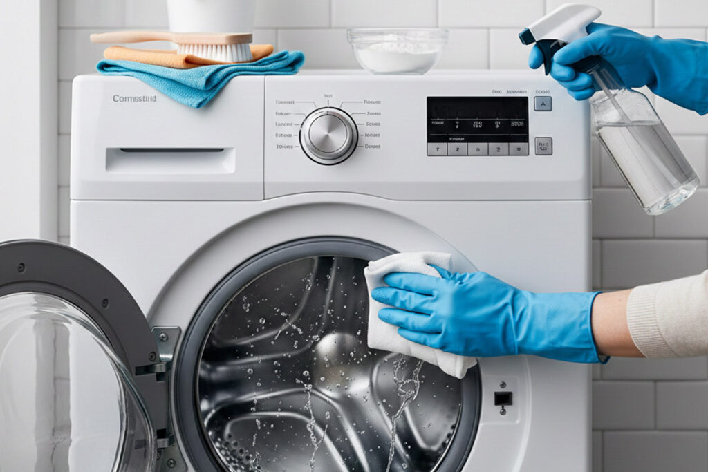 Interior de um tambor de máquina de lavar roupa limpo e brilhante, com foco na manutenção e higiene do aparelho.