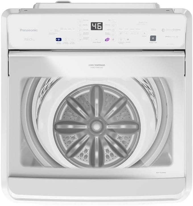 Panasonic NA-F190G1 Máquina de Lavar Top Load, Branco, Classe A, 115x64x72cm, 19Kg, Sistema Ciclone sem Agitador, Painel Digital