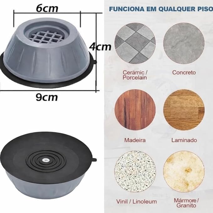 Pés Niveladores Anti Vibração Heavy Duty em Borracha Reforçada – Kit 4 Unidades Antiderrapante para Máquina de Lavar