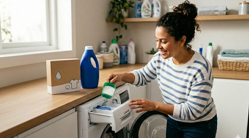 sabão em pó ou sabão líquido na máquina de lavar